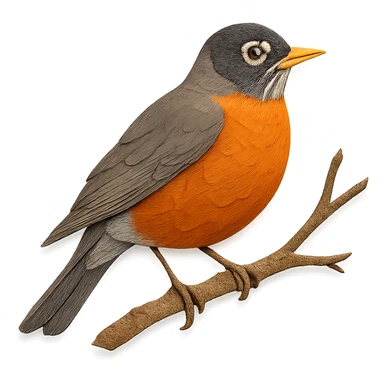 very detailed American Robin perched on a tree branch, intricate cut paper textures, orange-red breast, gray back, realistic markings sticker