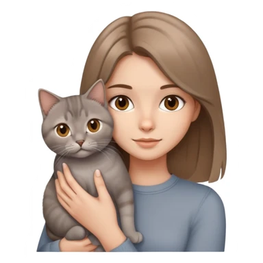 a pretty girl with brown eyes and light brown medium-length hair with a grey British cat in her arms sticker