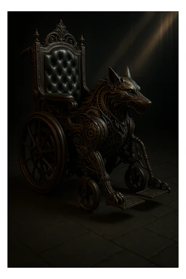 Add a gothic steampunk wolf detail to the wheelchair, keeping ornate gears, dark metal, Victorian details, and dramatic lighting. The style should evoke a dark, intricate, and mysterious gothic steampunk aesthetic with mechanical and Victorian elements. sticker