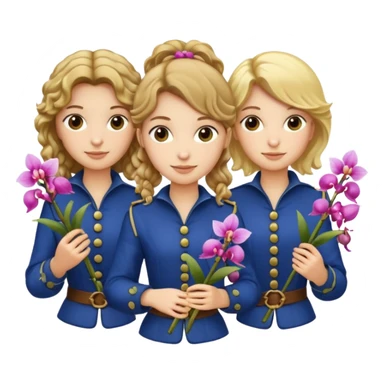 3 female musketeers, one with brown curly hair, one with straight blond hair, one with blond hair in pony tail, all holding orchids sticker