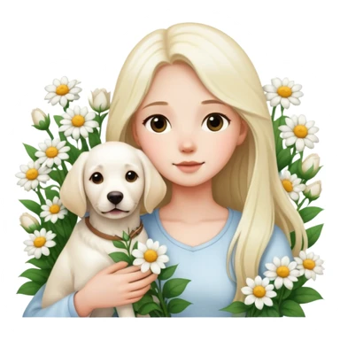 A long-haired girl holding a white Labrador in the flowers sticker