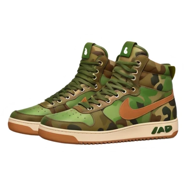 Bape sneaker with classic camo pattern in green and brown colors, high top sneaker with ape logo on the side sticker