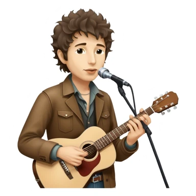 Icon for Folk Music: Bob Dylan with his harmonica and acoustic guitar, performing with his band on stage. The atmosphere should be intimate and nostalgic, capturing the soul of folk music with simple instruments and natural vibes. Transparent background. sticker