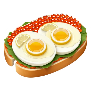 open sandwich with butter, boiled half egg, slice of lemon, red caviar sticker