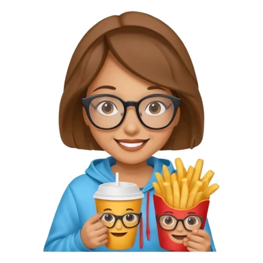 Woman with Glasses & Fries – cheerful woman in hoodie, holding paper cup of fries.





































 sticker