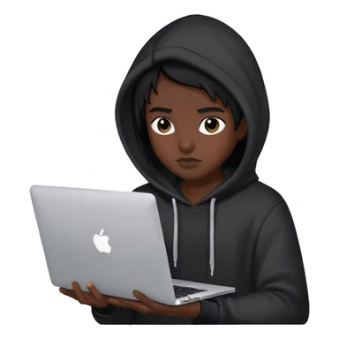 hackeur cheveux noir et capuche noiravec un macbook sticker