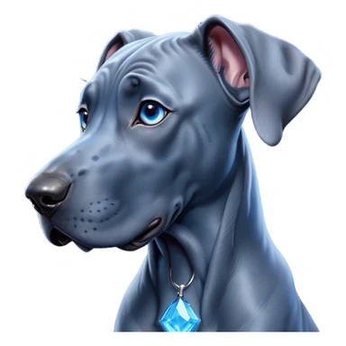 Cinematic Cute Blue Great Dane Portrait Emoji, Head tilted playfully and inquisitively, featuring a glossy blue Fur with a refined sheen, round, sparkling steel-blue eyes filled with curiosity, Simplified yet irresistibly adorable features, highly detailed, glowing with a warm, friendly glow, high shine, affectionate and gentle, stylized with a touch of whimsy, bright and endearing, soft glowing outline, capturing the essence of a mischievous yet loving pup, so playful it feels like it could lumber out of the screen and into your arms! sticker