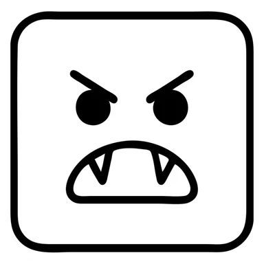 button with black outline, angry face with black eyes and fangs, minimalist outline icon sticker