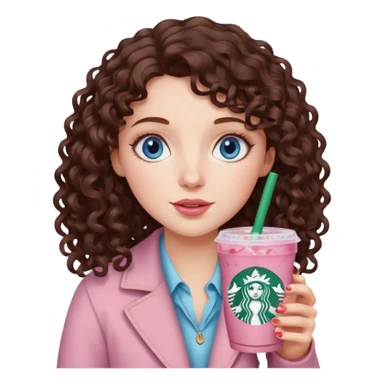make an emoji of a loose curly brunette, blue-eye girl, wearing light pink drinking a strawberry acai refresher from starbucks sticker