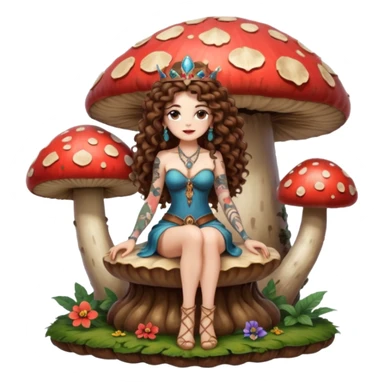 full body view of a woman with long curly brown hair, brown eyes, white skin, tattoos, sitting on a giant mushroom throne, legs crossed, mystical queen vibe sticker