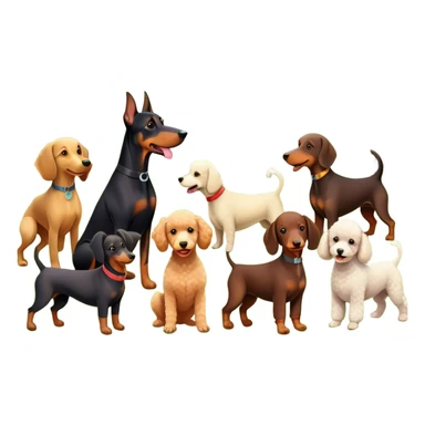 Collage of dogs breeds like Doberman, Poodle, Dachshund, in a park with trees and grass. A joyful, colorful scene with playful expressions. Transparent background. sticker