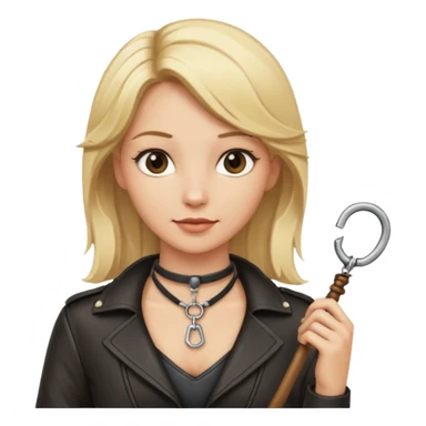Dominatrix with blonde hair, key necklace, and a whip sticker