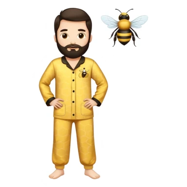 Grown up man with long dark brown long hair, white skin, medium beard, full body in cute bee pijama sticker