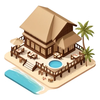 Isometric exterior brown and beige luxury polynesian beach resort restaurant, dollhouse style 3D realistic  sticker