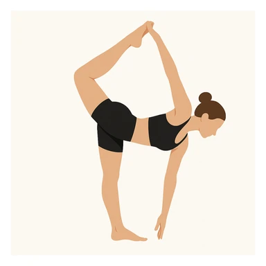Minimalist flat vector illustration of a woman doing yoga in forward fold pose (Standing Bow Pulling), wearing sportswear (black top and black shorts), brown hair in a bun, clean white background, no face details, elegant style sticker