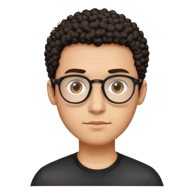 Man with small oval face and big forehead, aviator-style glasses, very short dark curly hair with skin fade (no hair on sides), neutral-friendly expression, light brown skin, wearing a black shirt sticker