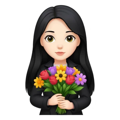 beautiful girl with long black hair wearing a black coat holding a bouquet of flowers sticker