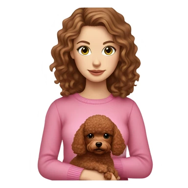 Pretty green eyed white girl with brown hair in a pink sweater holding a brown toy poodle sticker