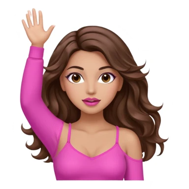 girl with long wavy brown hair, brown eyes, long lashes makeup, sexy pink lips, light to medium complexion, wearing a pink sexy top, both hands in the air high sticker