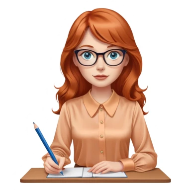 redheaded woman with very long wavy hair and bangs, blue eyes, clear cat-eye glasses, apricot silk blouse, pencil skirt, holding a pencil sticker