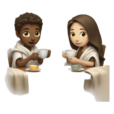 a boy and a girl with brown hair and white skin covered in a blanket are drinking tea sticker