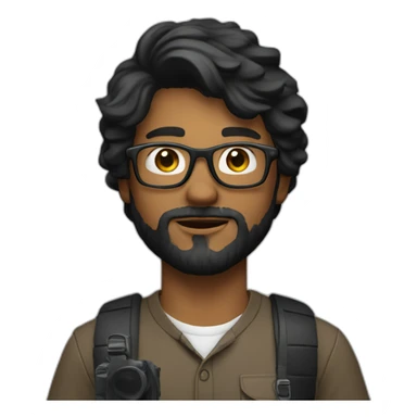 a filmmaker, young, black, straight hair, with a beard, wearing glasses and with a camera in his hand. Using black sticker