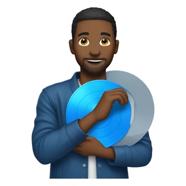 A man holding a blue vinyl record sticker