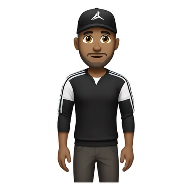 An adult pale male with stubble and a slightly gray beard, brown hair, black eyes, wearing a black Reebok cap with a round emblem on his head, and a black sweater with three white stripes on the sleeves underneath. sticker