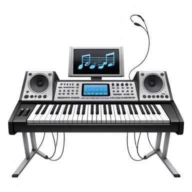 Create a professional and artistic emoji that represents writing music tracks. The design should feature a large monitor displaying musical notes or a score, positioned in front of a professional Korg synthesizer. Add elements like studio headphones, a MIDI keyboard, and an audio interface to symbolize the tools used in music production. Use sleek, modern colors like silver, black, and neon accents to convey the professional environment of music composition. The background should be transparent. sticker
