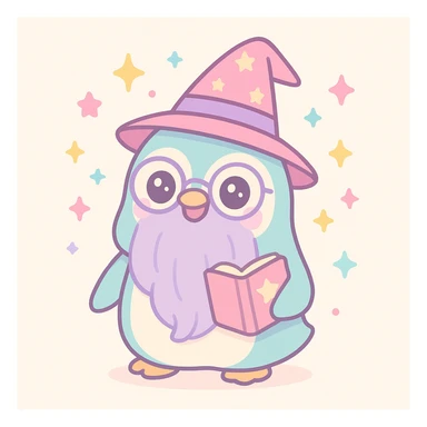 a cartoon penguin wizard with glasses, a long beard, and a spellbook, surrounded by magical effects sticker