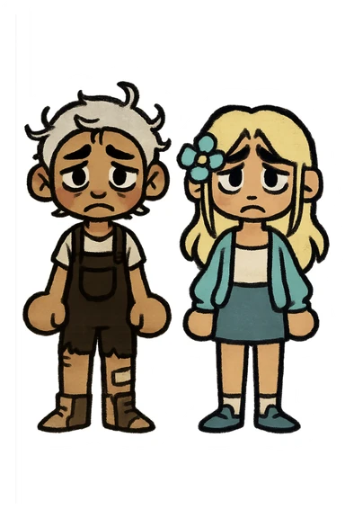 Create a couple image of these two cartoon characters standing side by side, both with sad expressions, matching their style, transparent background. sticker