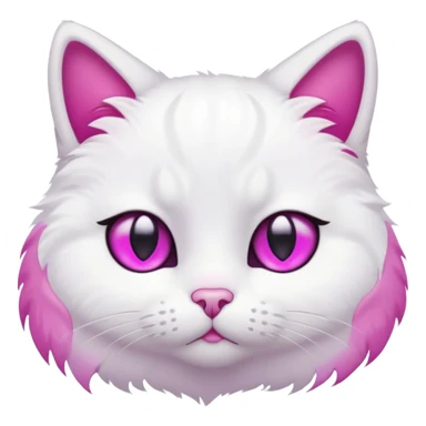 White cat, sad face, tear drop below one eye, magenta eyes, black background, cute cartoon style sticker