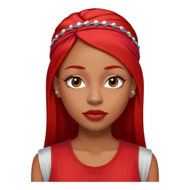 light-skinned black girl with very long eyelashes with long strait dark brown hair with edges wearing a red top with no sleeves. and a red accessory on her head with nose and mouth piercings and is a baddie and looks like a bad girl. sticker