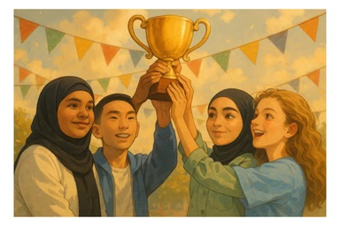 Illustration of four students lifting a trophy together, warm atmosphere, Ghibli style with soft colors, warm lighting, festive background. sticker