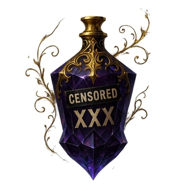 premium crystal elixir bottle with edgy forbidden elixir vibe, bottle has censored words or labels like 'XXX' and 'CENSORED', dark colors, lots of glowing, edges, ornaments, golden details, magical effects, very small golden neck, transparent background, beautiful seamless bottom, bottle clearly floating in air, no base or shadow, very luxurious, edgy, fitting a collection sticker