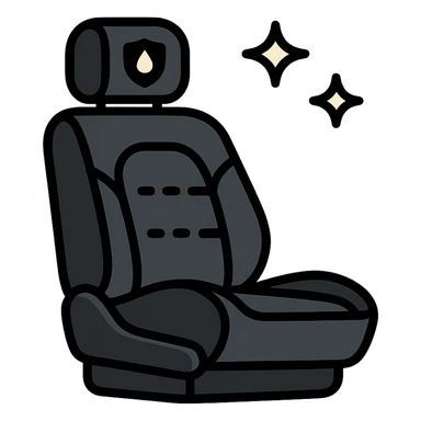 luxury car seat icon in matte black with a small droplet or shield on the headrest, elegant stitching, minimalist lines, extra shine and sparkling effects, modern and clean style, no text sticker
