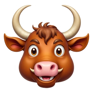 Cinematic Comical Domestic Ox Portrait Emoji, Head tilted dramatically with an exaggeratedly amused expression, featuring a striking, glossy hide with boldly curved horns and wide, expressive eyes brimming with playful disbelief, Simplified yet hilariously expressive features, highly detailed, glowing with a slightly sassy earthy glow, high shine, dramatic yet playful, stylized with an air of cheeky rural mischief, soft glowing outline, capturing the essence of a spirited and over-the-top ox that looks ready to charge its way into internet fame instantly! sticker