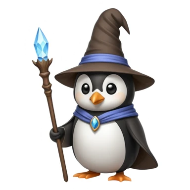penguin wizard, magical, holding a staff, wearing a wizard hat sticker