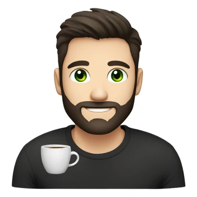 Handsome man with dark hair, holding an cup of coffee, gradient short hair on the side, green eyes. Thin face. Black t-shirt. A little beard. sticker