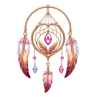 Reddish-pinkish and gold and white warm-colored romantic lush beautiful pretty hanging crystal-catcher aesthetic with hearts and sparkles and feathers sticker