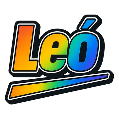 Leó name in modern gradient font with precise Hungarian characters, dark outline, extra bold, prominent white letter border, dynamic slanted underline, rainbow color gradient, 1000x1000 px, PNG, transparent background sticker