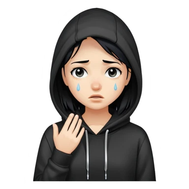 girl with black hair in black hoodie with tears streaming down her face sticker