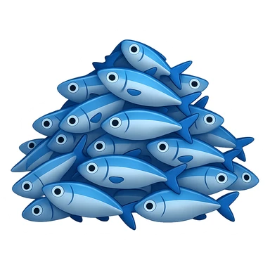 Create a large, loosely pyramid-shaped pile of blue fish in the style of iPhone Apple emojis, blending between 2D and 3D appearance, with a transparent background, variation 3. sticker