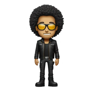 Big hair, slender face, eyes look like as he’s high, cool leather jacket with cargo pants and accessories sticker