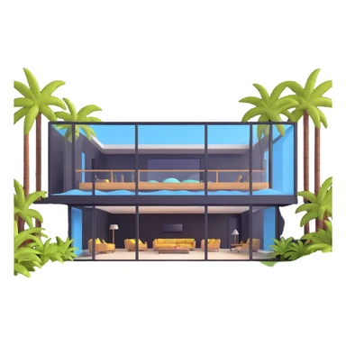 modern luxury mansion with an indoor pool visible through glass walls, palm trees sticker
