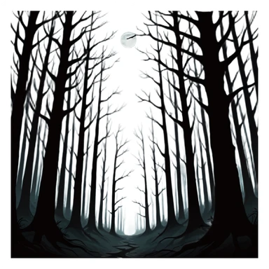 dark forest scene, the entire world covered in darkness. The sky is deep black with no stars or light, no moon, no glow just total void and silence. The atmosphere feels ominous and unsettling, as if darkness has swallowed everything. No characters, no visible light sources sticker