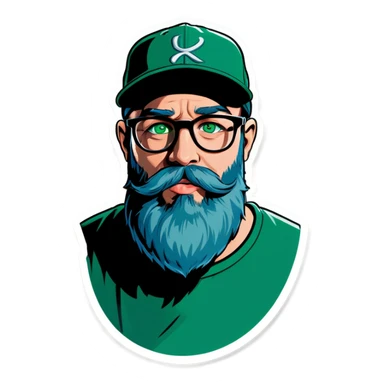 A bold man with a grey baseball cap, green eyes, big beard and glasses sending kiss sticker