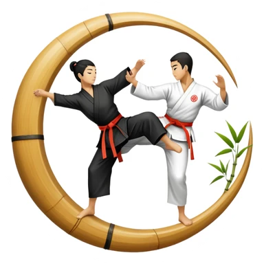 An icon symbolizing Eastern martial arts in the style of an emblem, featuring a black-and-white Yin-Yang symbol at the center. A martial artist is performing a fluid kick, surrounded by elements like a dojo and bamboo. Transparent background highlights balance and harmony. sticker
