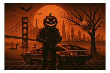 Add a disco ball hanging from the tree and small dinosaurs in the water.  make the cityscape of San Francisco including Coit Tower, TransAmerican Building.  sticker