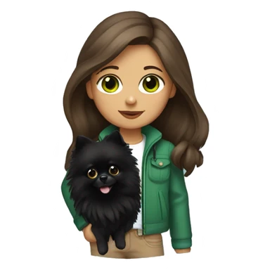 girl with brown long hair, green eyes, rad jacket holding a black Pomeranian spitz dog sticker